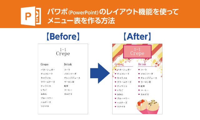 パワポ Powerpoint のレイアウト機能を使ってメニュー表を作る方法 イロドリック